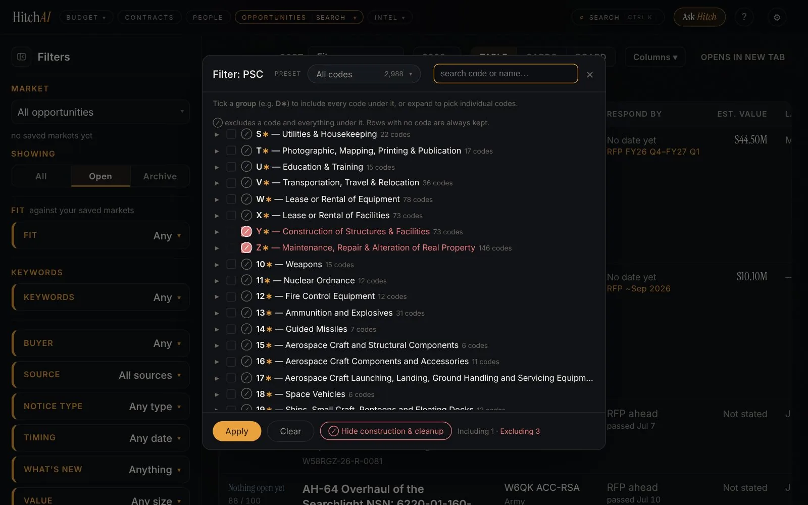 HitchAI opportunity search, hiding construction and cleanup codes